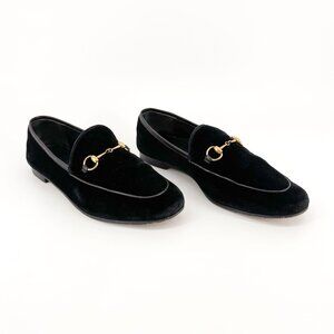 Gucci Jordaan Horsebit Loafer EU 39.5 US 9.5 Black Velvet Flat Buckle Shoe